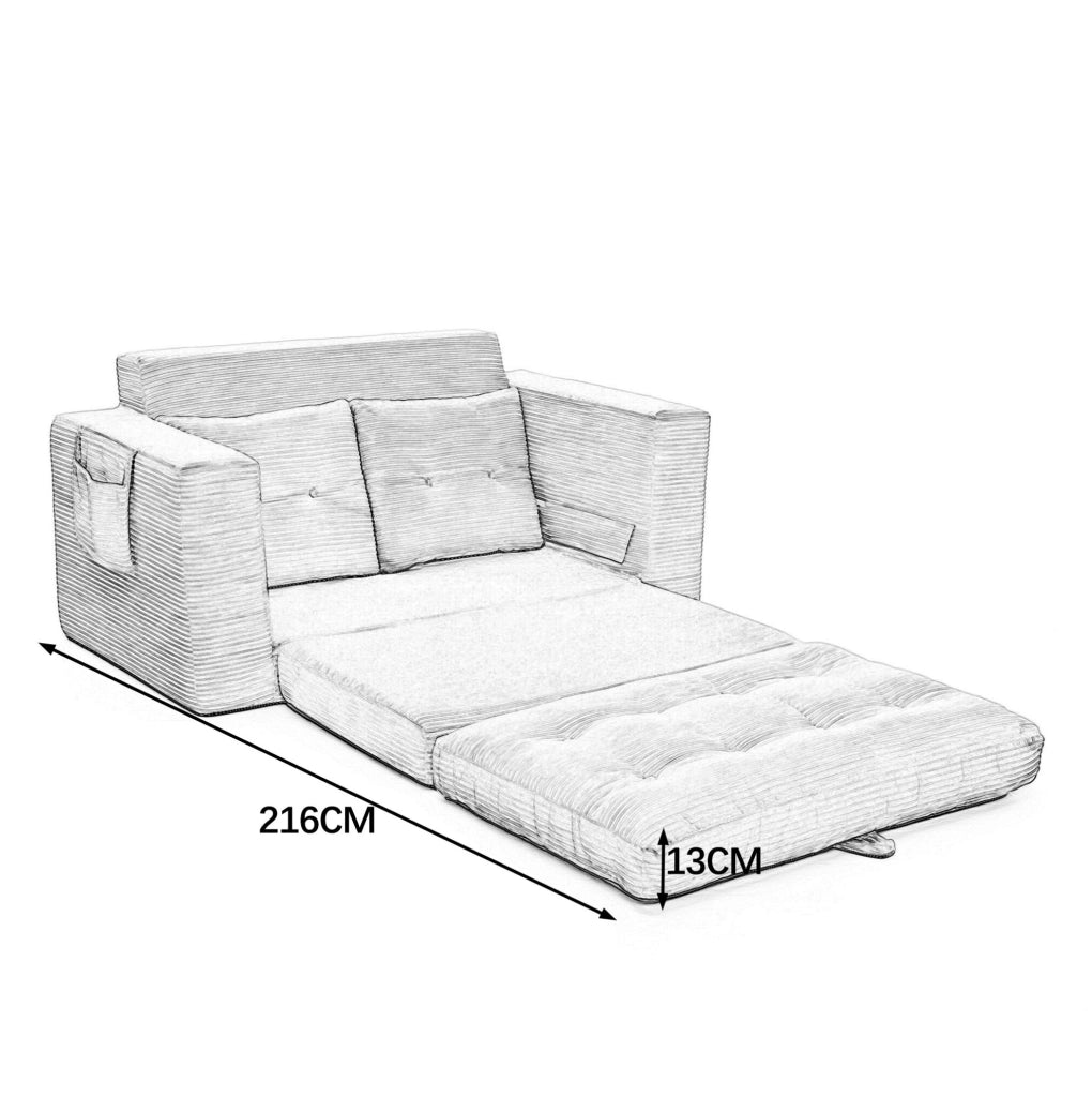 Divano letto estraibile in velluto a coste beige con tasche laterali e portabicchiere