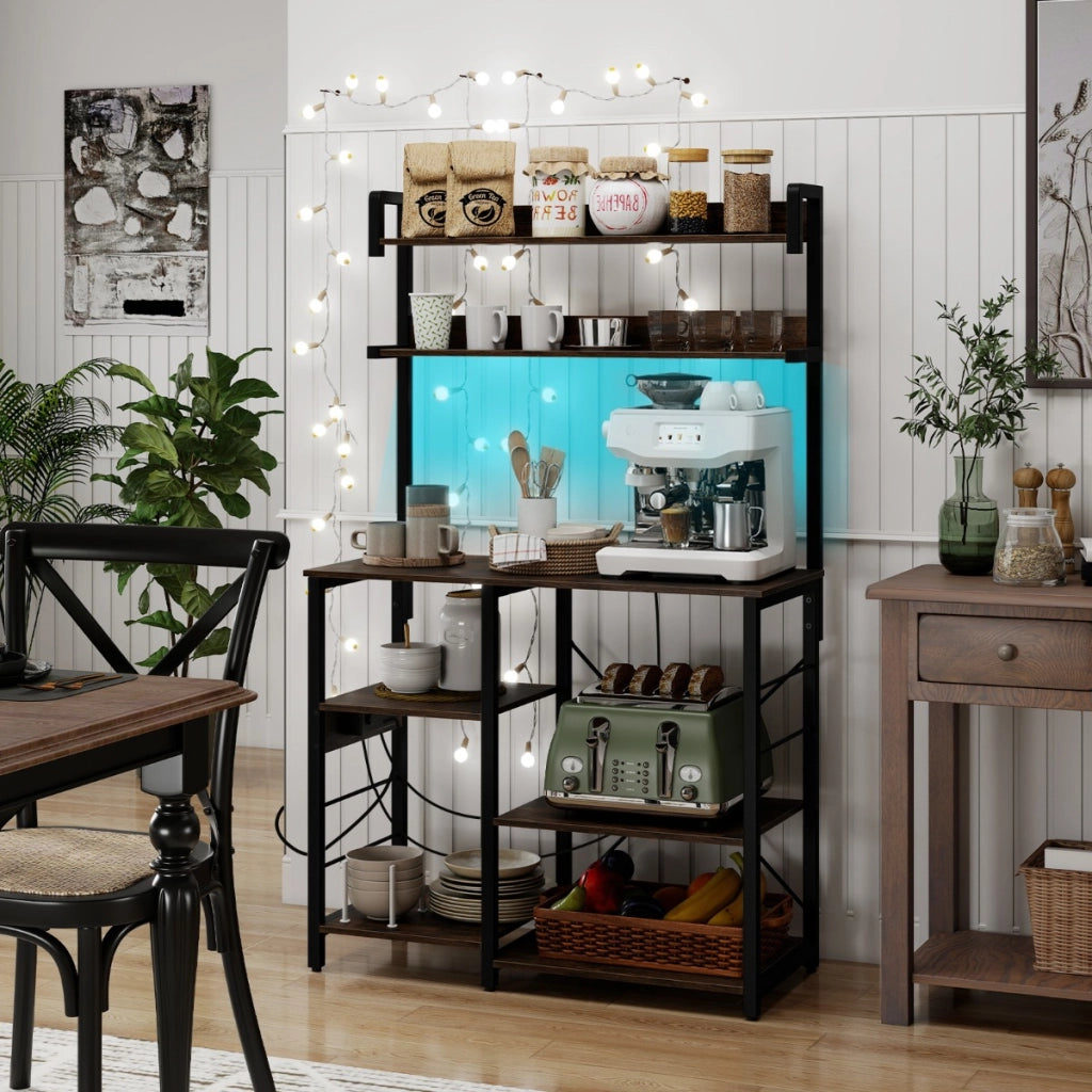 Supporto per forno a microonde a 5 ripiani con luci LED per sala da pranzo-Scaffale da cucina con presa di corrente Marrone