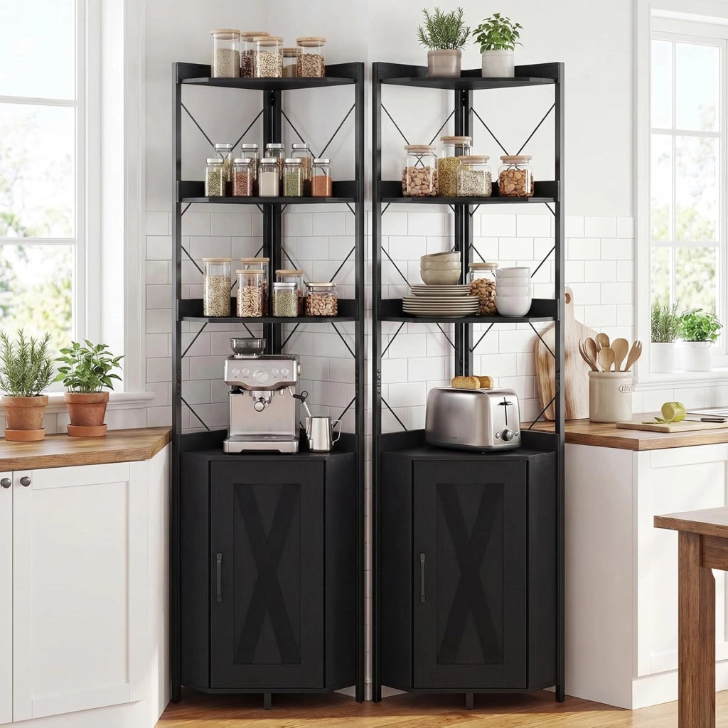 Libreria a 5 Ripiani, Mensola ad Angolo con Spazio di Archiviazione, Armadio ad Angolo con Paraspigoli Anticaduta, Autoportante, con 2 Kit Antiribaltamento, 38 x 38 x 180 cm (Nero)