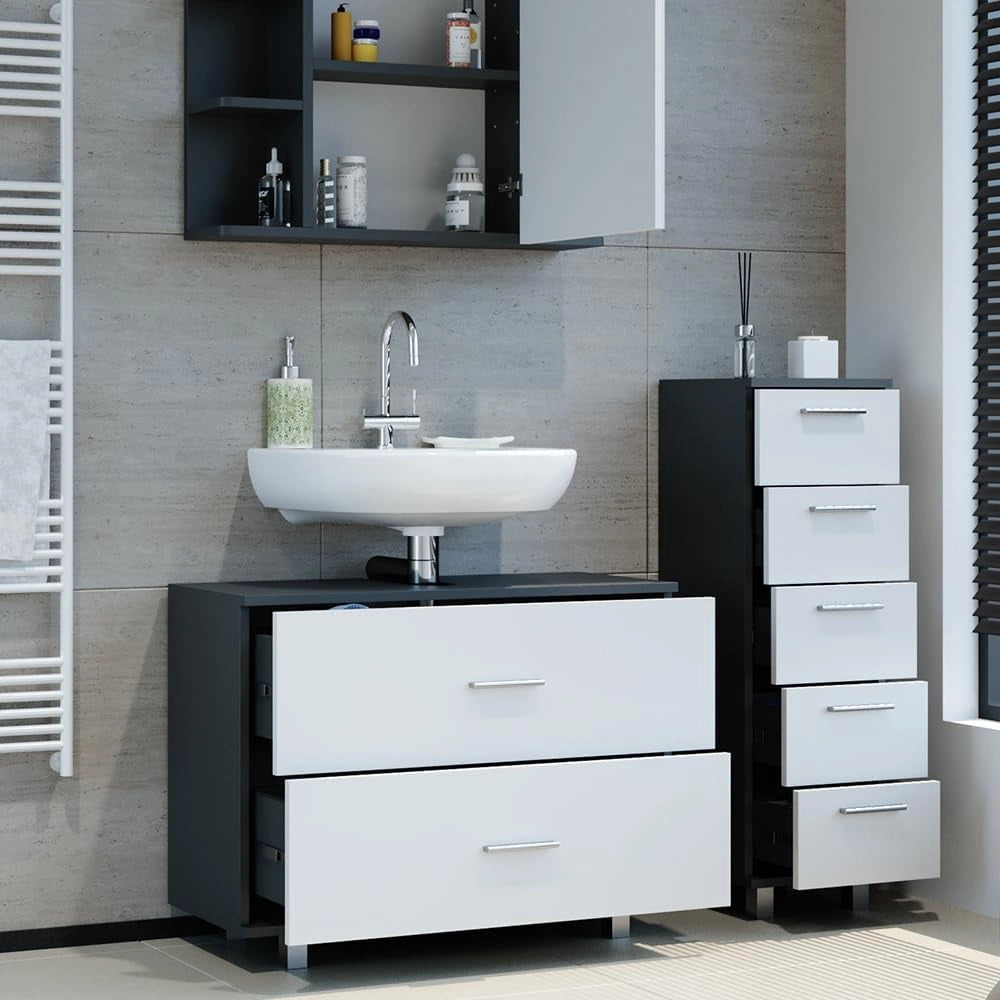 Set mobili bagno Ilias, Bianco/antracite, 80 cm, composto da mobile sottolavabo, specchiera e mobile medio