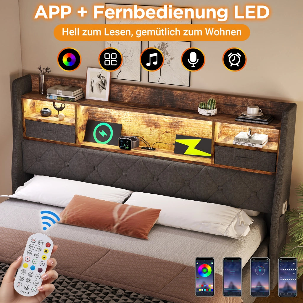 Letto imbottito con contenitore e testiera LED