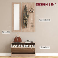 Set Mobili da Ingresso con Panca Scarpiera Appendiabiti a Muro e Specchio in Legno Truciolare Marrone Scuro
