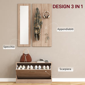 Set Mobili da Ingresso con Panca Scarpiera Appendiabiti a Muro e Specchio in Legno Truciolare Marrone Scuro