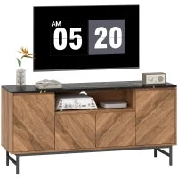 Mobile TV in legno con vano aperto e passacavi, effetto marmo, 140x39x66cm, Marrone