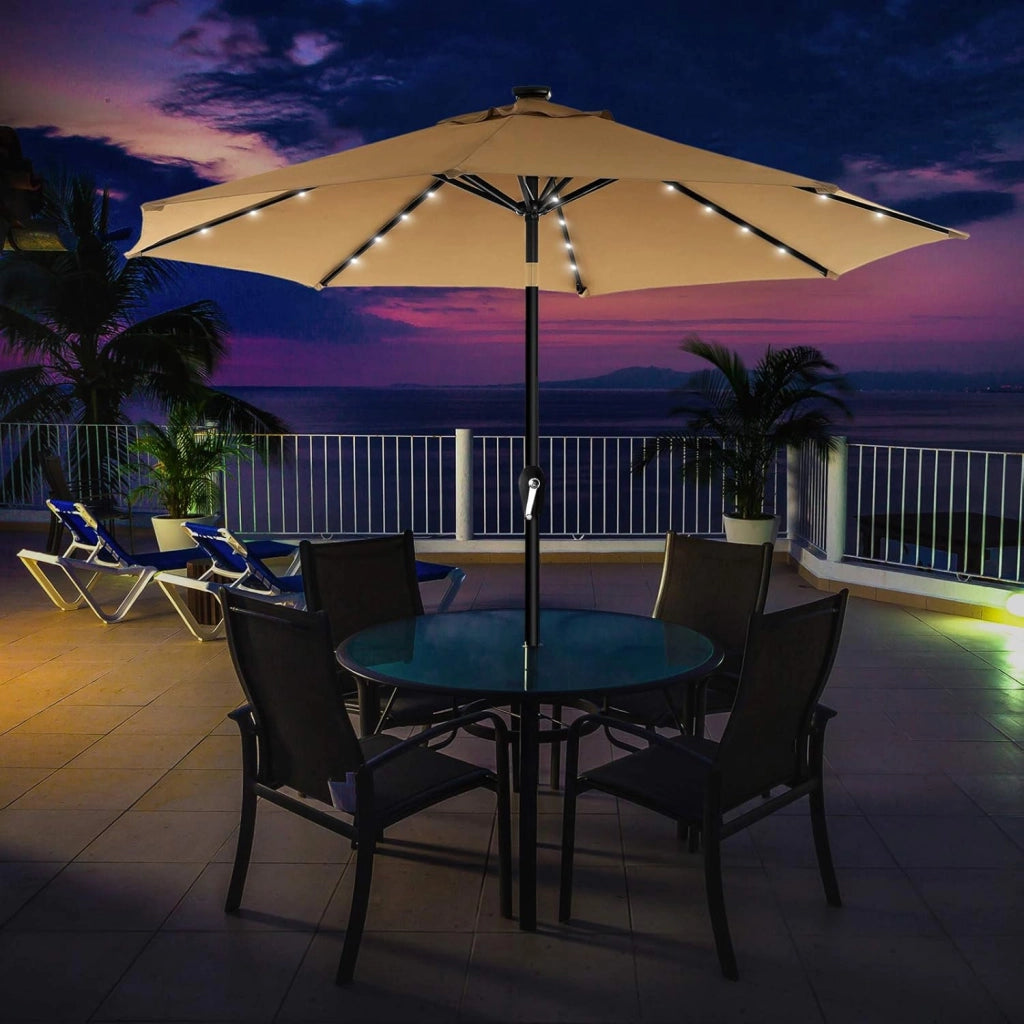 SONGMICS Ombrellone da Giardino 300 cm con 32 Luci a LED a Energia Solare, UPF 50+, Inclinazione Bidirezionale a 30°, Esterno Terrazzo Piscina Balcone, Senza Base, Tortora GPU33BR