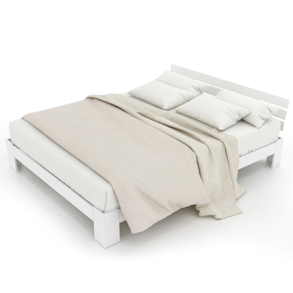 Letto matrimoniale 140x200 cm in legno massiccio bianco con rete a doghe, design rustico e salvaspazio