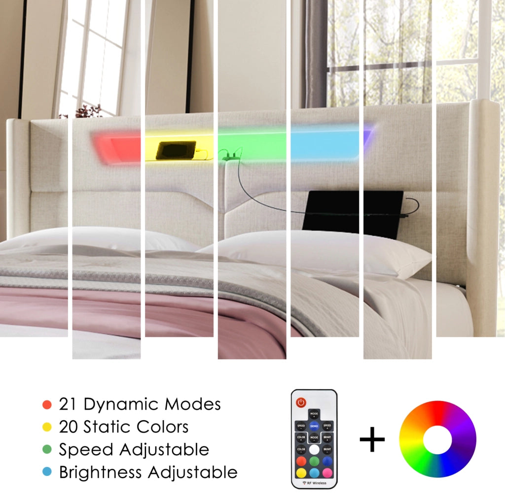 Letto contenitore 160x200 cm in tessuto di lino beige con LED; USB e Type-C