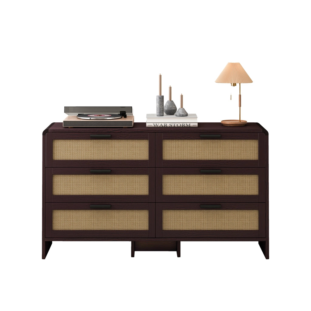 Comò con 6 Cassetti e Angoli Arrotondati; per Camera e Soggiorno; in Truciolato; Marrone Rossiccio