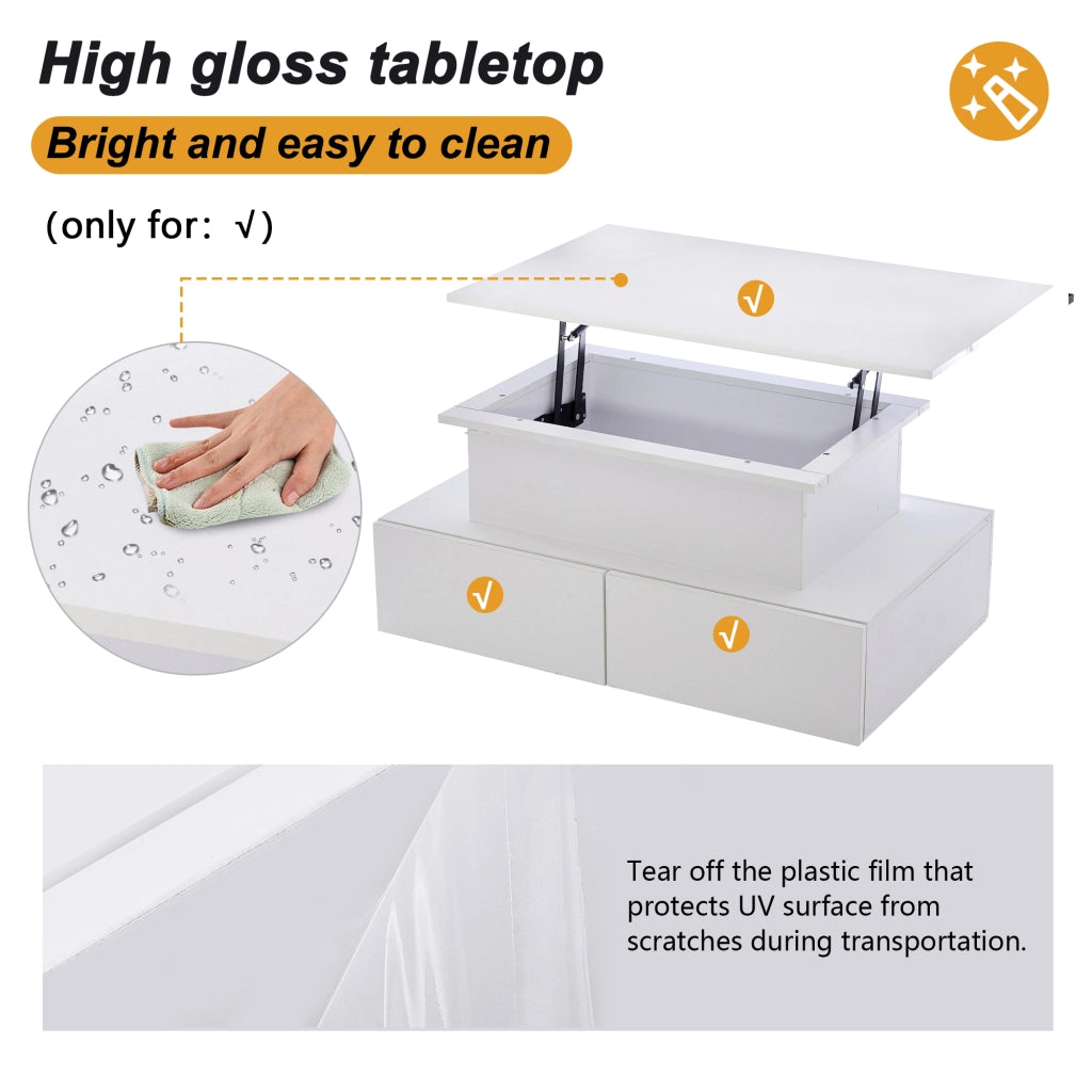 Tavolino da salotto con 4 Cassetti e LED; Piano scorrevole; Vano nascosto; Soggiorno; 90 × 55 × 41 cm