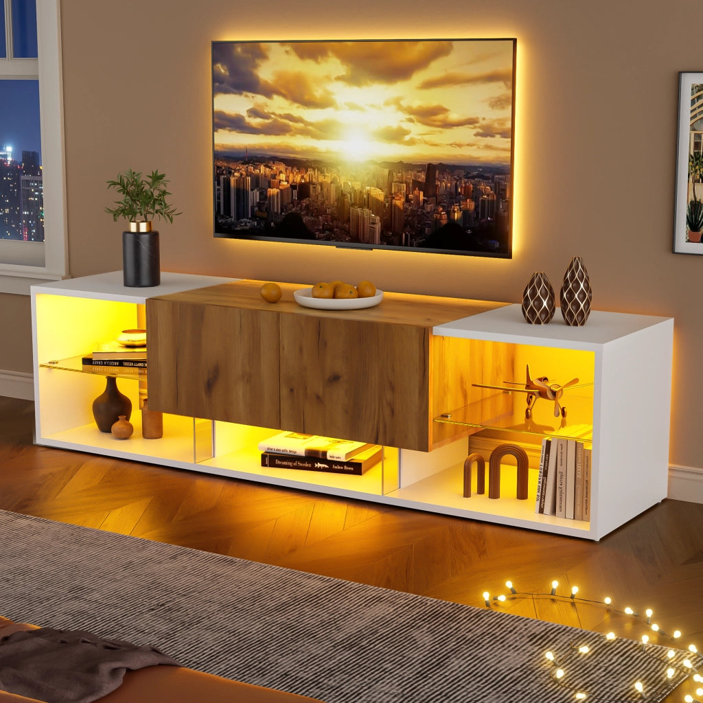Mobile TV con 2 cassetti e LED - per soggiorno - 160x40x42 cm - in truciolare - bianco