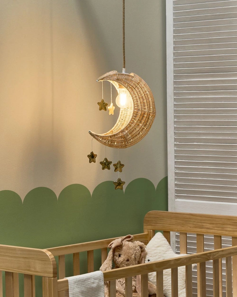 Lampada a sospensione in rattan naturale intrecciato a mano con paralume in vimini Forma di luna a soffitto Stile Boho