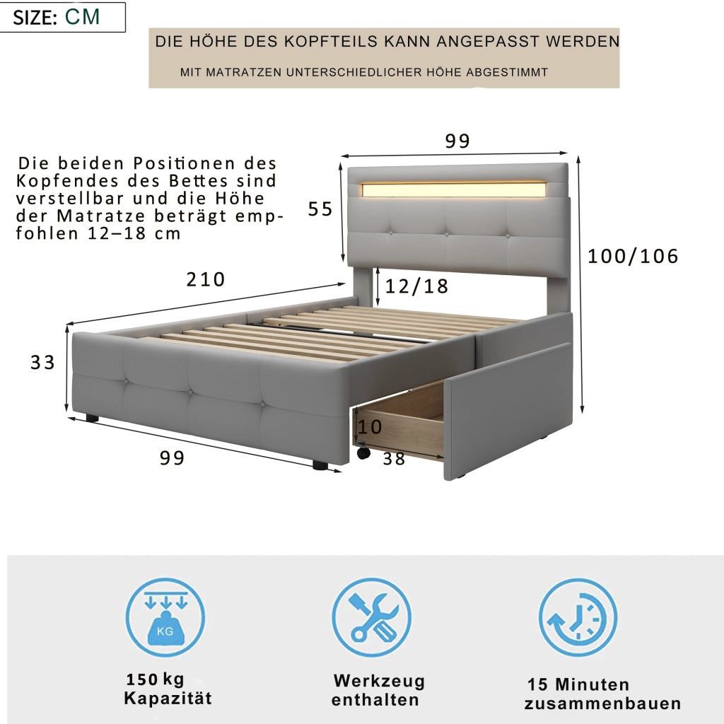 Letto singolo 90×200 cm con 2 cassetti e LED; rete inclusa; senza materasso; imbottito; grigio