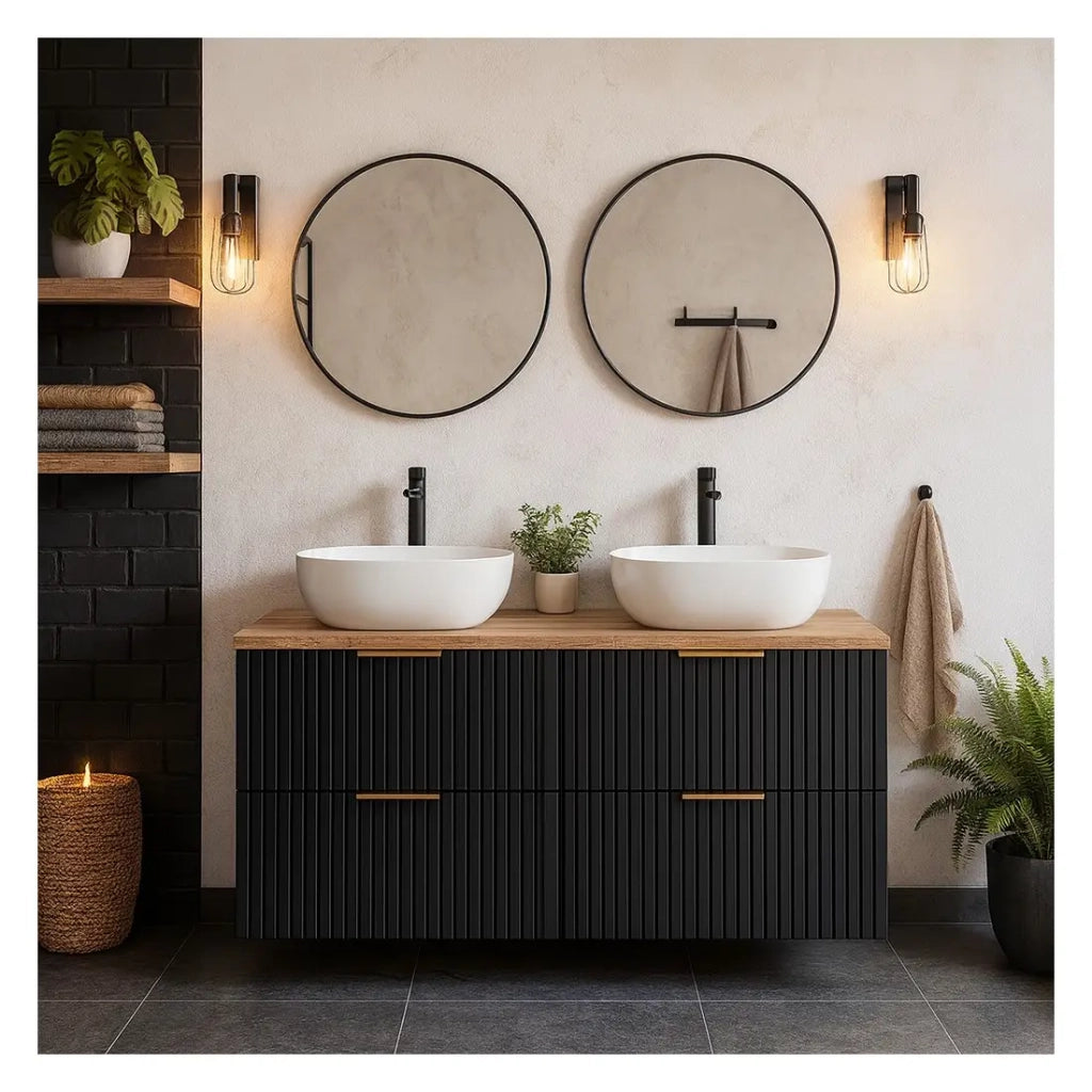 Insieme mobile sotto lavabo NOXERA 120 cm – Nero opaco e rovere – 2 mobili + piano per lavabo + 2 lavabi