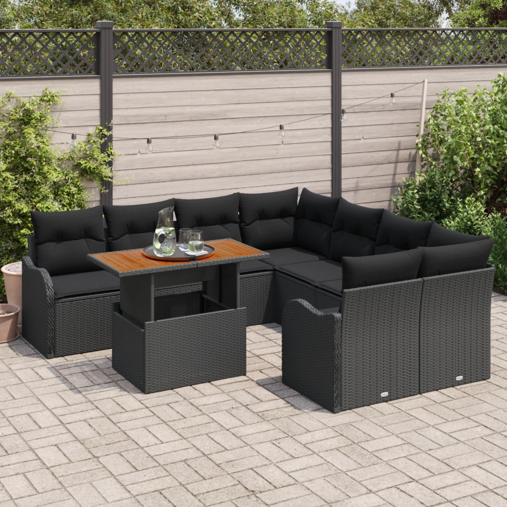 Set giardino 9 pezzi con cuscini polyrattan nero