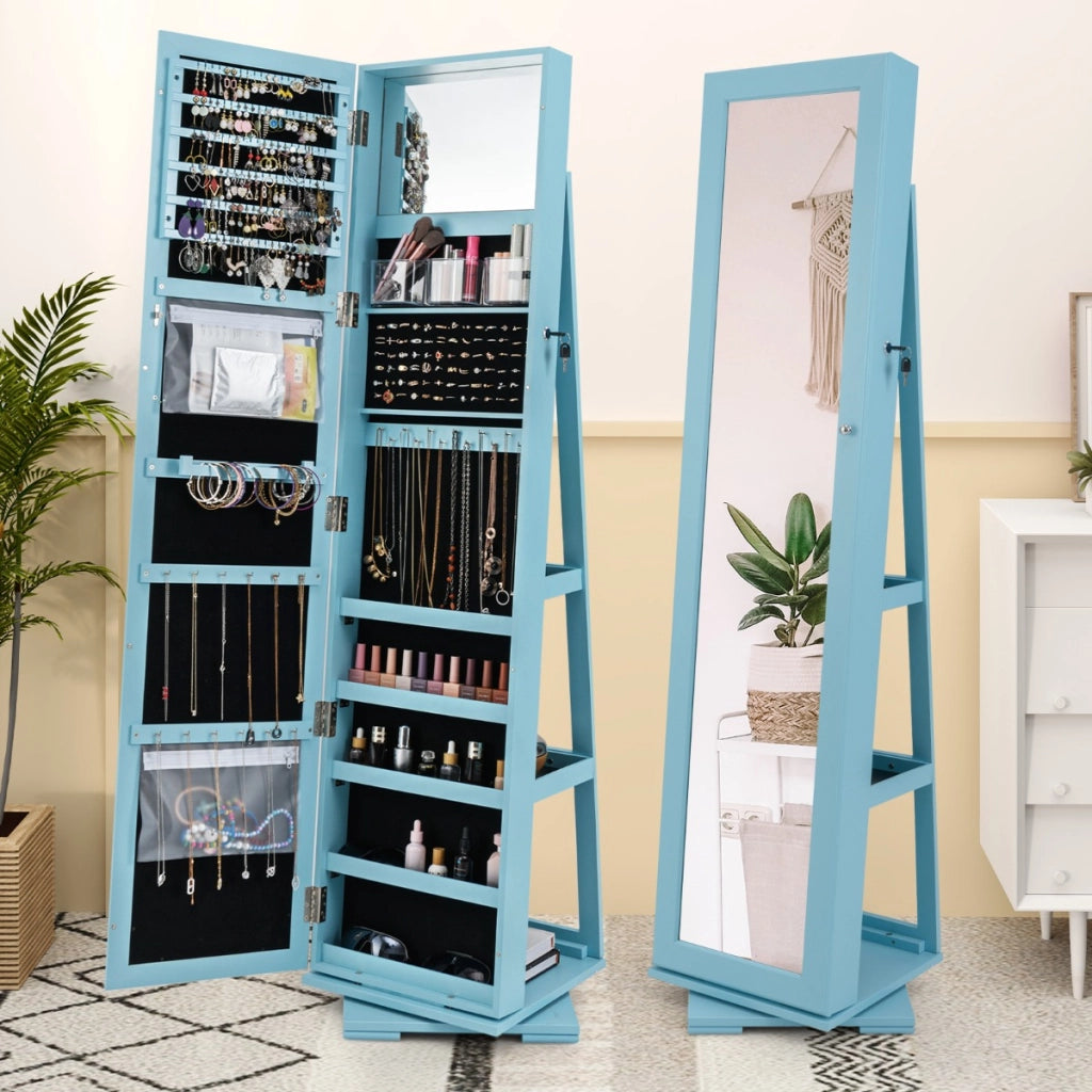 Armadio portagioielli girevole a 360¡ã con specchio, Organizer gioielli 2 in 1 a figura intera Blu-Armadietti per gioielli