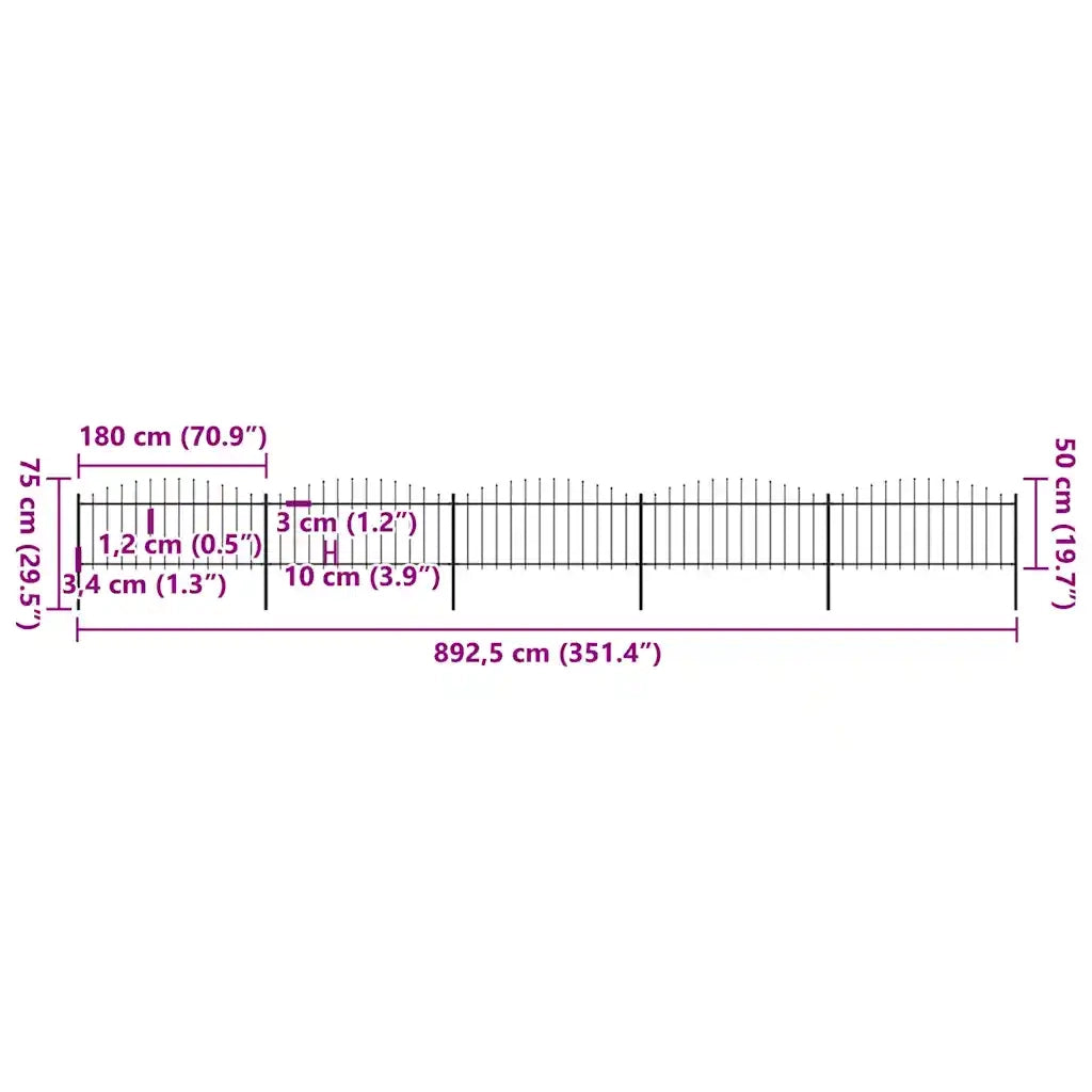 Recinzione da Giardino con Punta a Lancia in Acciaio 892,5x75 cm Nero 277707