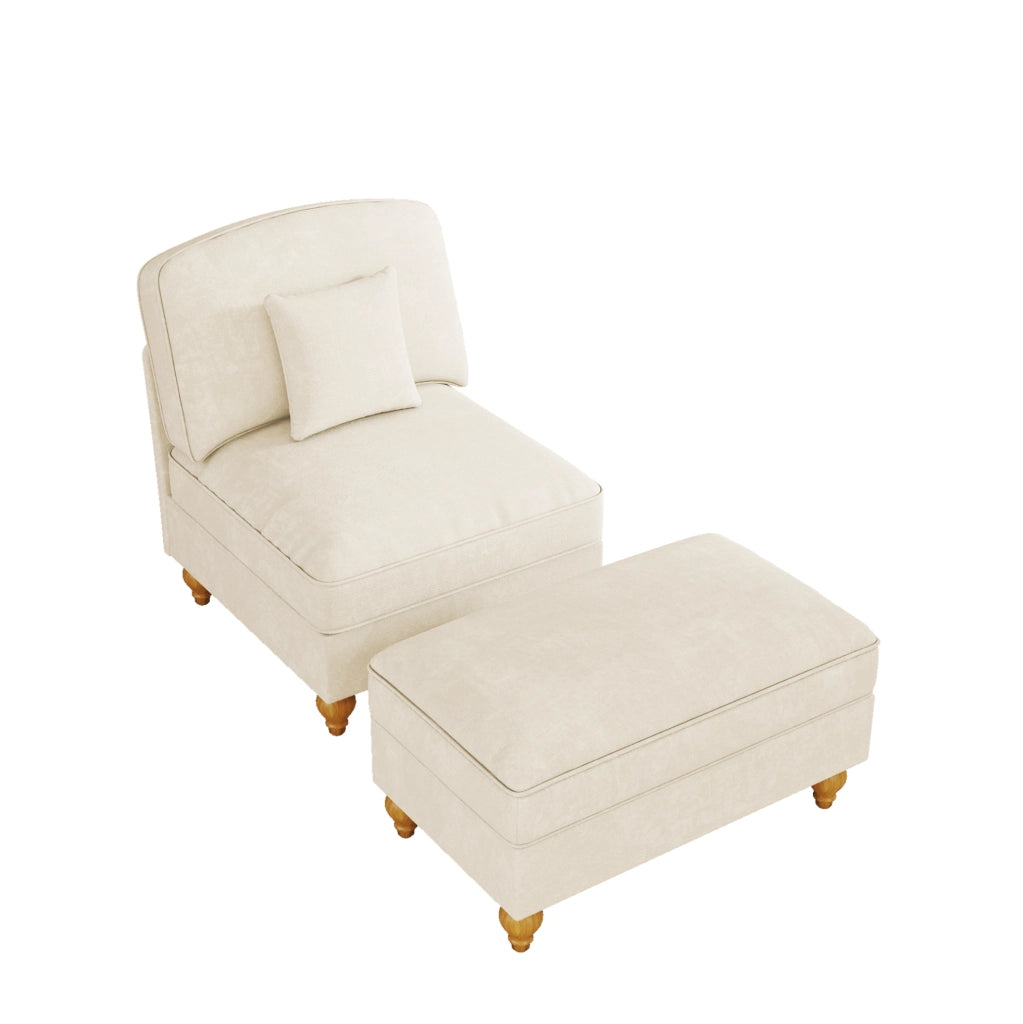 Poltrona lounge con pouf in chenille bianca; rivestimento con balza removibile e cuscino mobile