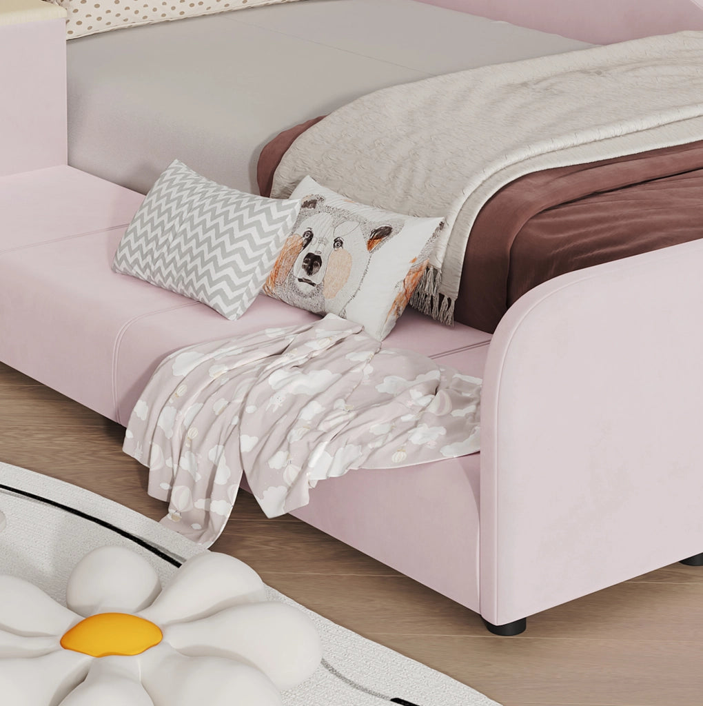 Letto singolo 90x200 cm rosa in velluto con scrivania e sgabello, senza materasso