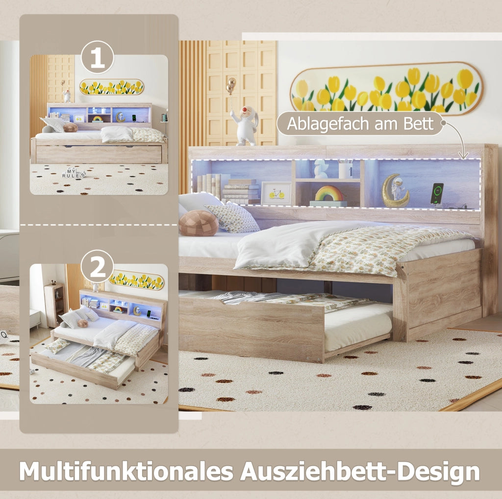 Letto da giorno estraibile 90x200 cm con LED, USB e vano laterale