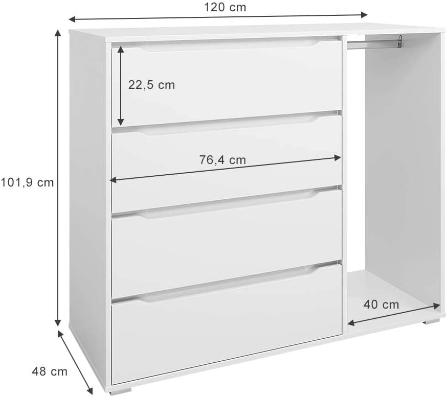 Guardaroba per bambini Ruben, Bianco, 120 x 101.9 cm con 4 cassetti, adatto per riporre abbigliamento e accessori per bambini