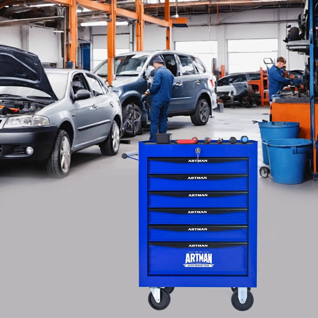 Carrello portautensili con 6 cassetti e serratura, in acciaio su ruote, per officina e garage, nero e blu