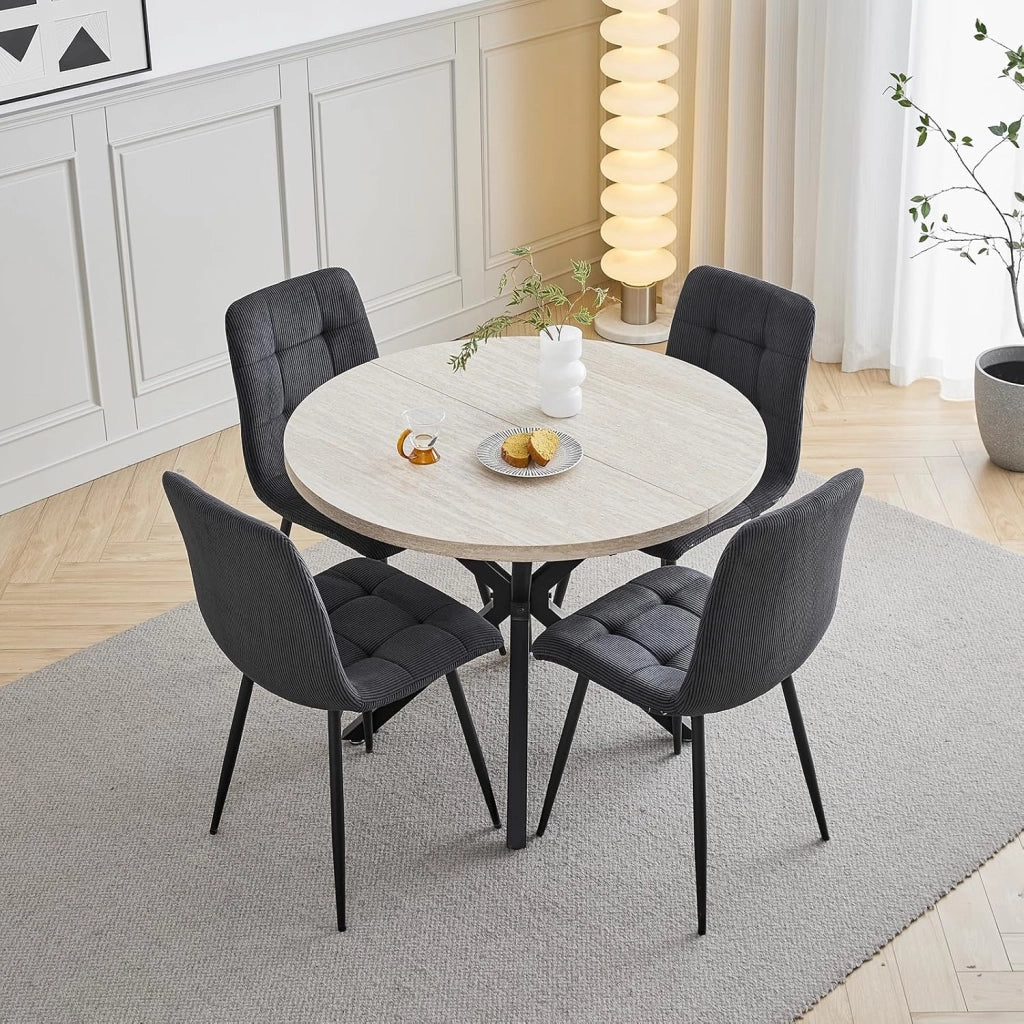 GrandCA HOME Set Tavolo e Sedie da Pranzo, 4 Sedie da Pranzo in Velluto a Coste Nero e un Tavolo da Pranzo Rotondo Moderno da 100 cm, adatti per Cucina e Soggiorno (Pietra di Grotta Gialla)