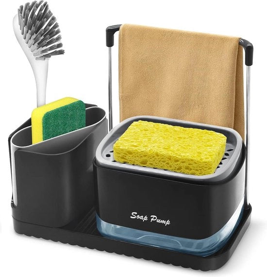 Dispensatore di detersivo per lavastoviglie, Dispensatore di detersivo con supporto per spugne, Organizzatore per la doccia della cucina, Dispensatore di detersivo con supporto per spugne, Detersivo, Riempibile, Adatto per la cucina.