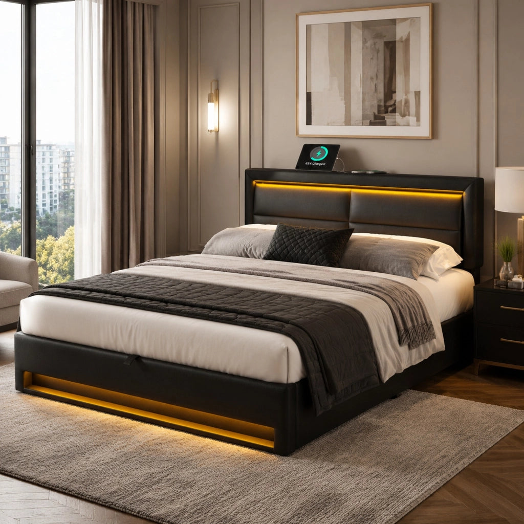 Letto imbottito 140x190 cm con USB; LED e contenitore; in PU nero