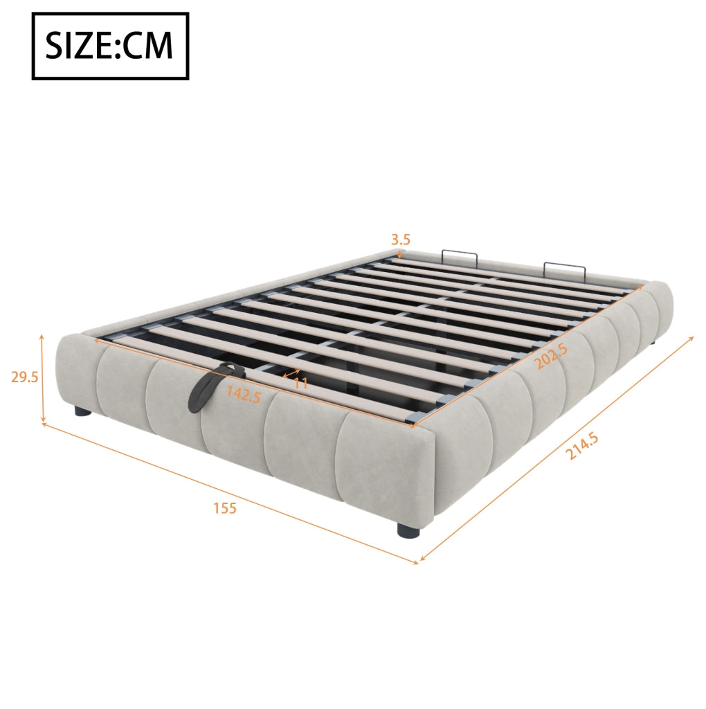 Letto imbottito 140x200 cm senza testiera con LED bianco; contenitore idraulico; beige