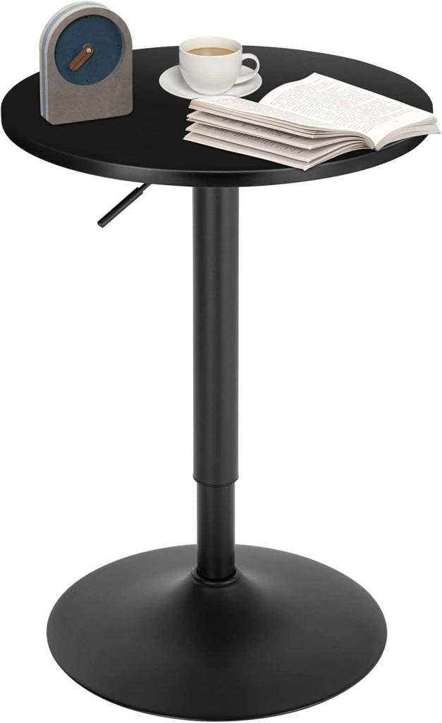 Tavolo Alto da Bar Girevole a 360°, Tavolino Rotondo in Legno e Metallo, Tavolo Regolabile in Altezza 70-91cm, da Cucina, Soggiorno, Nero