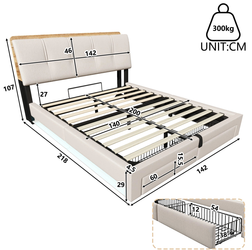 Letto contenitore 140x200 cm; con USB e LED; lino beige (Senza materasso)