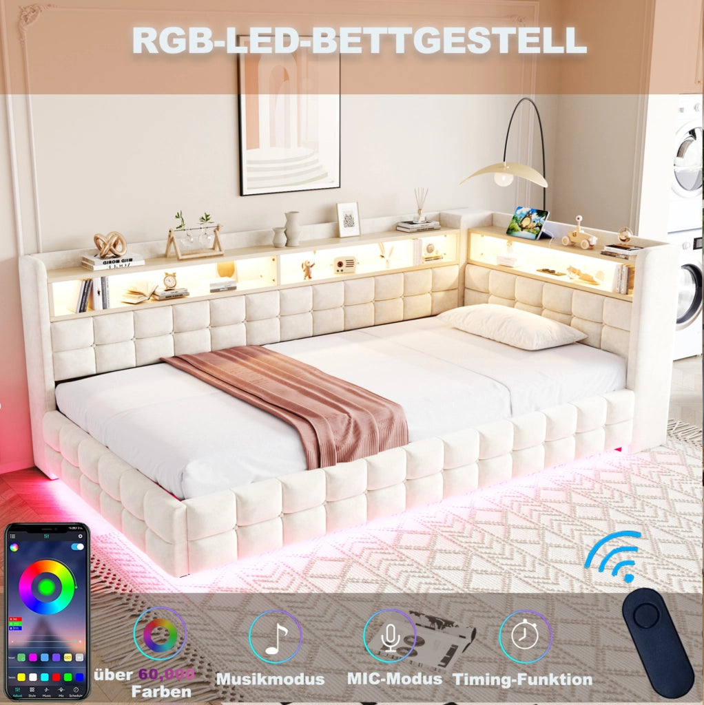 Divano letto imbottito 90x200 cm con contenitore idraulico; ripiani; LED; prese USB e Type-C; beige