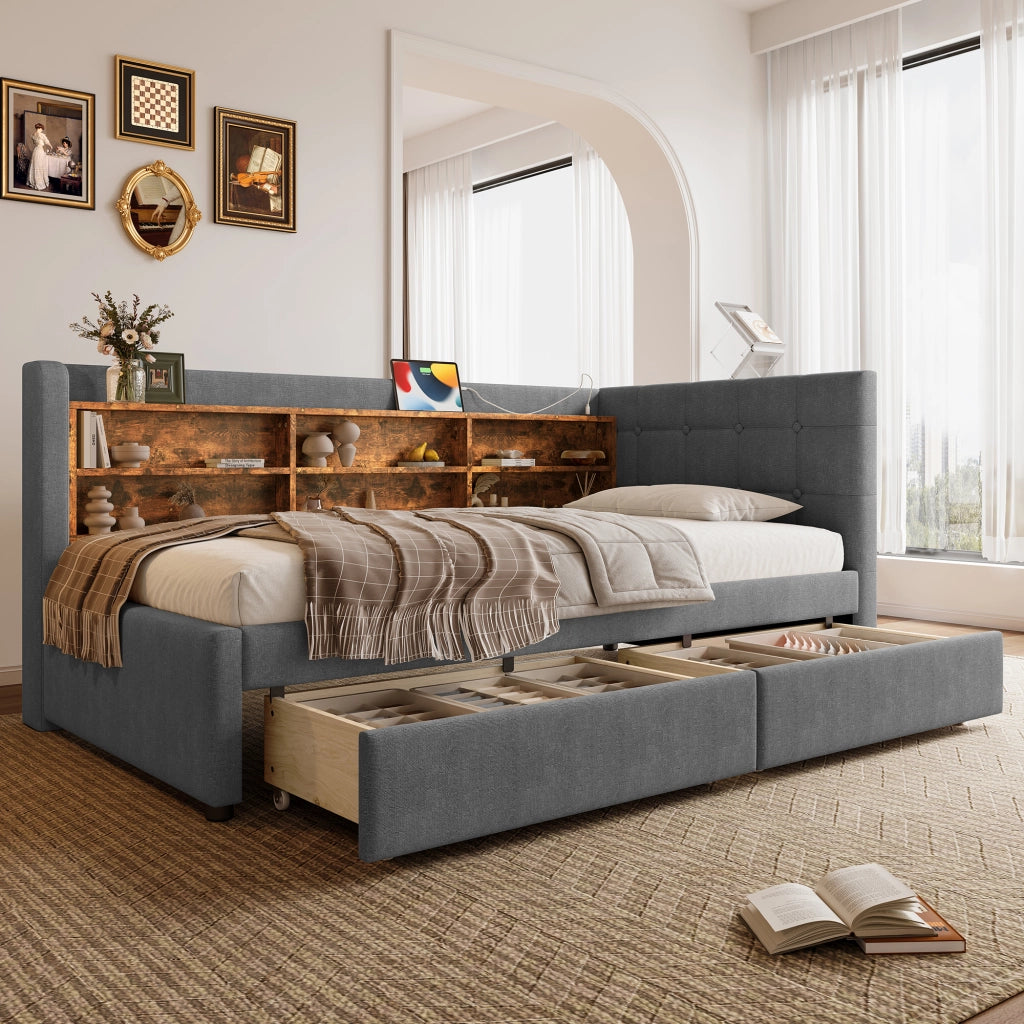 Letto singolo 90×200 cm con 2 cassetti; USB e Type-C; ripiani; senza materasso; lino; grigio