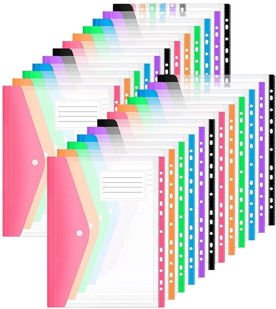 Documentario per A4, 24 pezzi, trasparente, chiusura a clip e spazio per etichetta, 6 colori