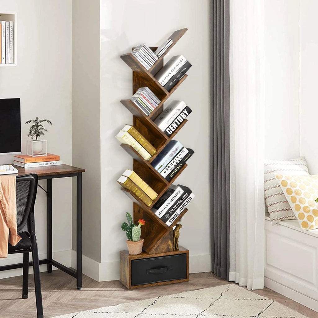Libreria ad Albero, a 8 Ripiani, Scaffale per Libri con Cassetto Rimovibile, Design di Antiribaltamento, Organizzazione per CD, Riviste, Libri, 38x20x149,5 cm, 4 Colori (Marrone)