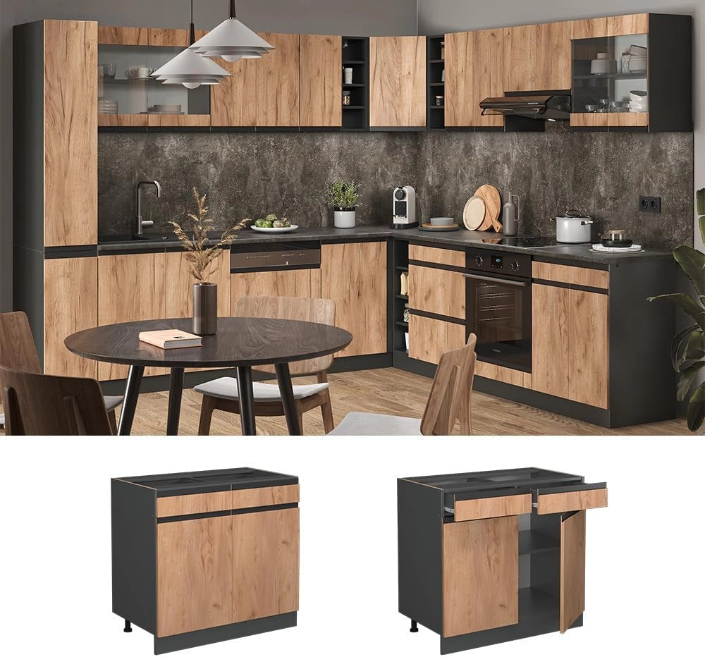 Mobiletto base per cucina R-Line, Quercia dorata, 80 cm Forma a J, senza piano di lavoro, per la libera combinazione all'interno di sistemi cucina modulari