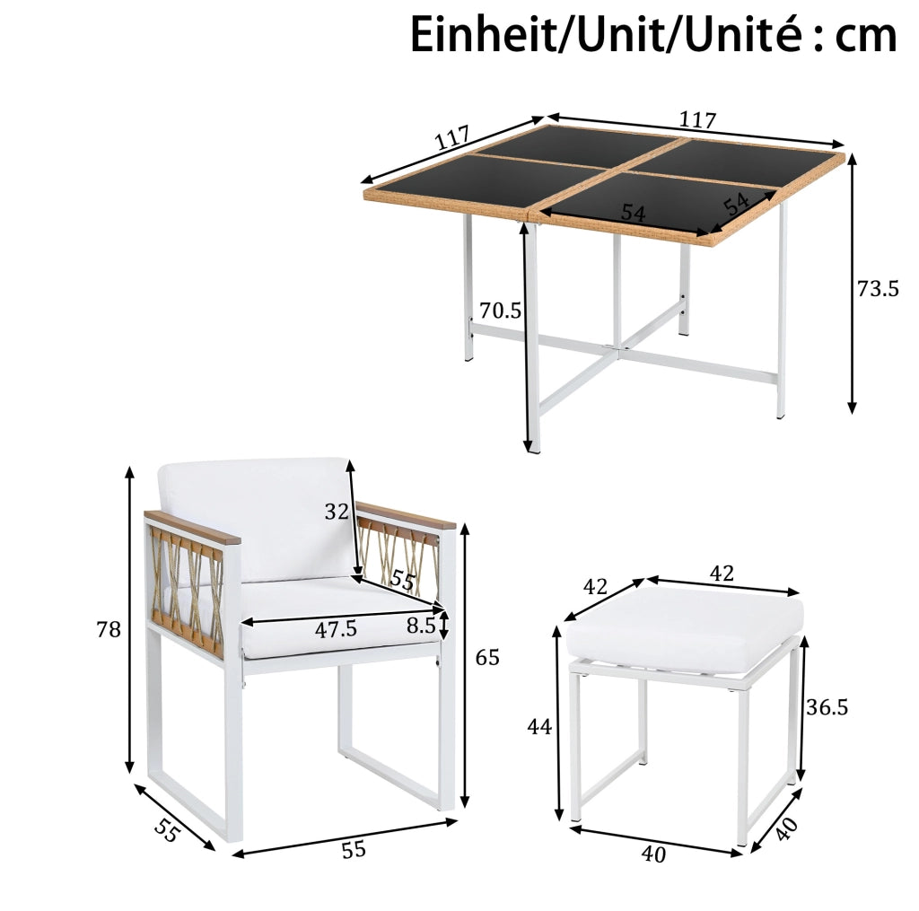 Set da pranzo da esterno 6 posti con tavolo 117x117 cm; vetro temperato e dettagli rattan