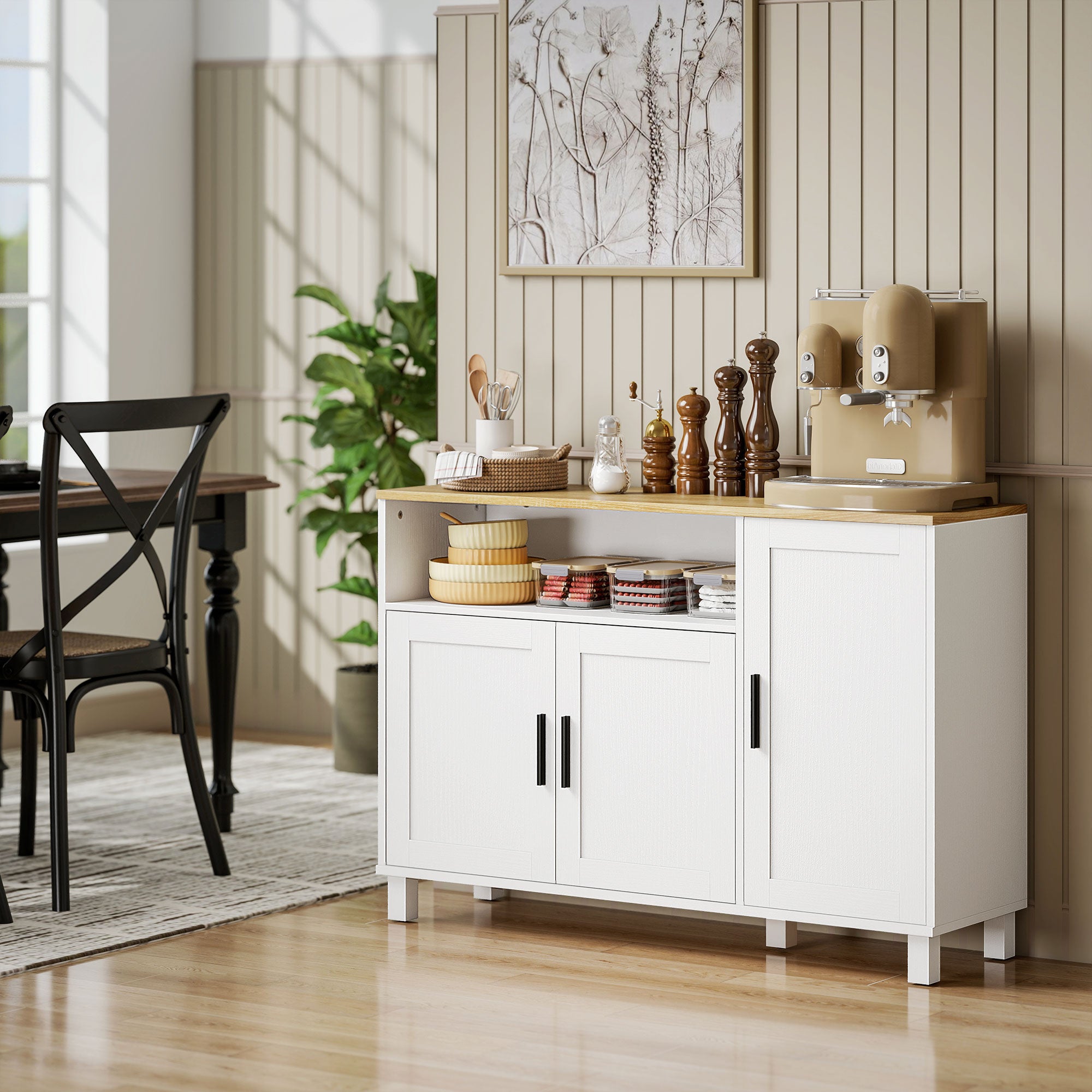 Credenza Cucina 110x33x75 cm con Ante Ammortizzate 2 Armadietti e Vano Aperto in Legno Bianco