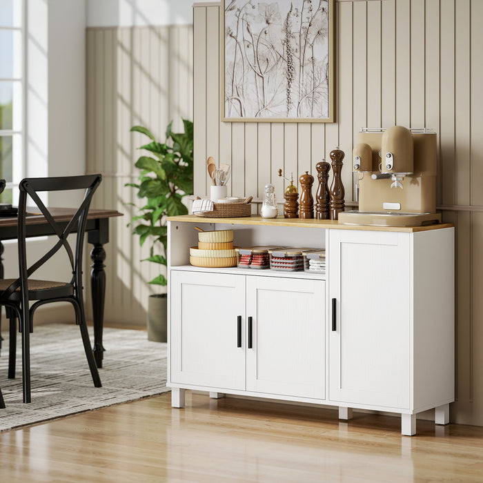 Credenza Cucina 110x33x75 cm con Ante Ammortizzate 2 Armadietti e Vano Aperto in Legno Bianco