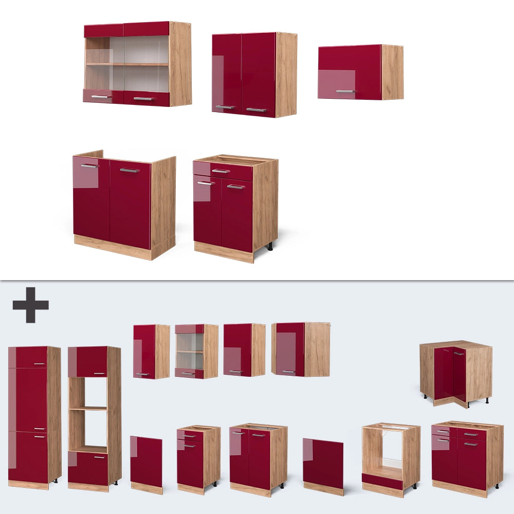 Vicco Cucina componibile Rosso lucido/rovere dorato 200 cm , PL Marmo