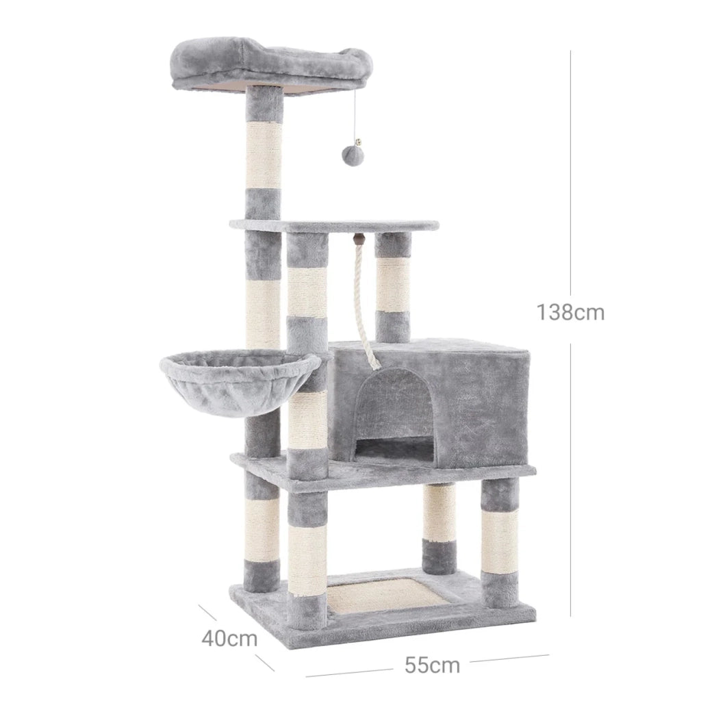 Tiragraffi multilivello con grande capacità piattaforma di osservazione amaca tana tronco in sisal base rinforzata altezza 138 cm grigio chiaro 12_0003872