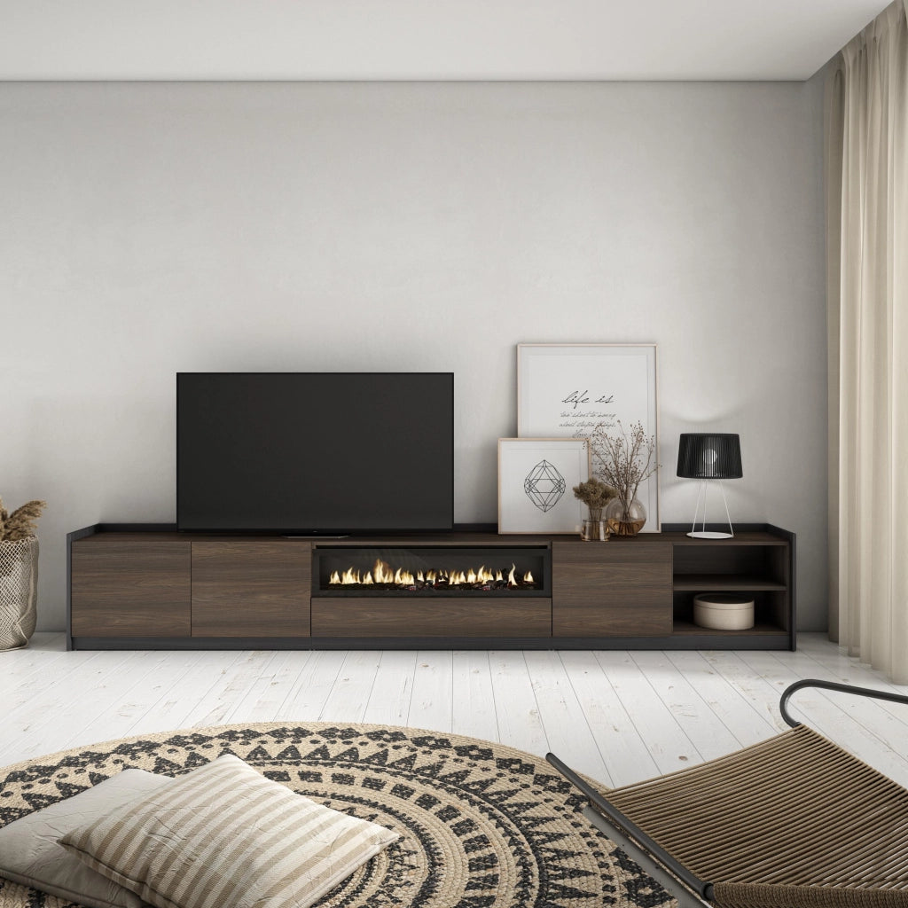Mobile TV Soggiorno, 310x50x37 cm, Per TV fino a 80", Camino elettrico, Rovere scuro e Nero