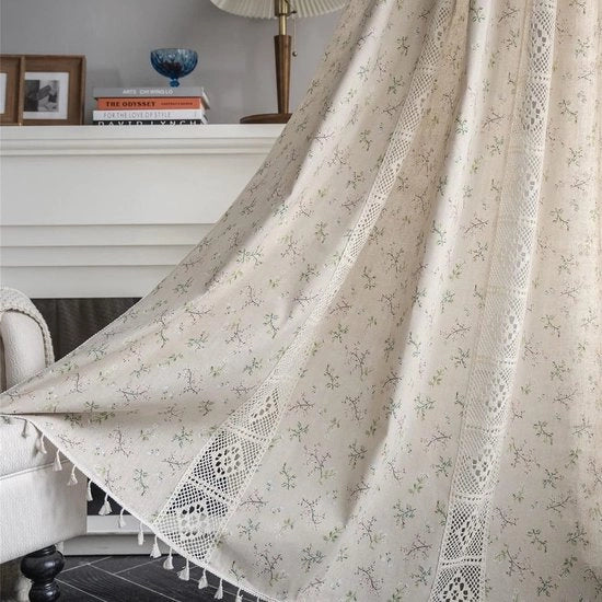Gordini bohemien stile rurale in cotone e lino, punti di applicazione, stile vintage, vetrata, fiori, hanger con maniglia, 2 pezzi, 160x150cm (LxP)