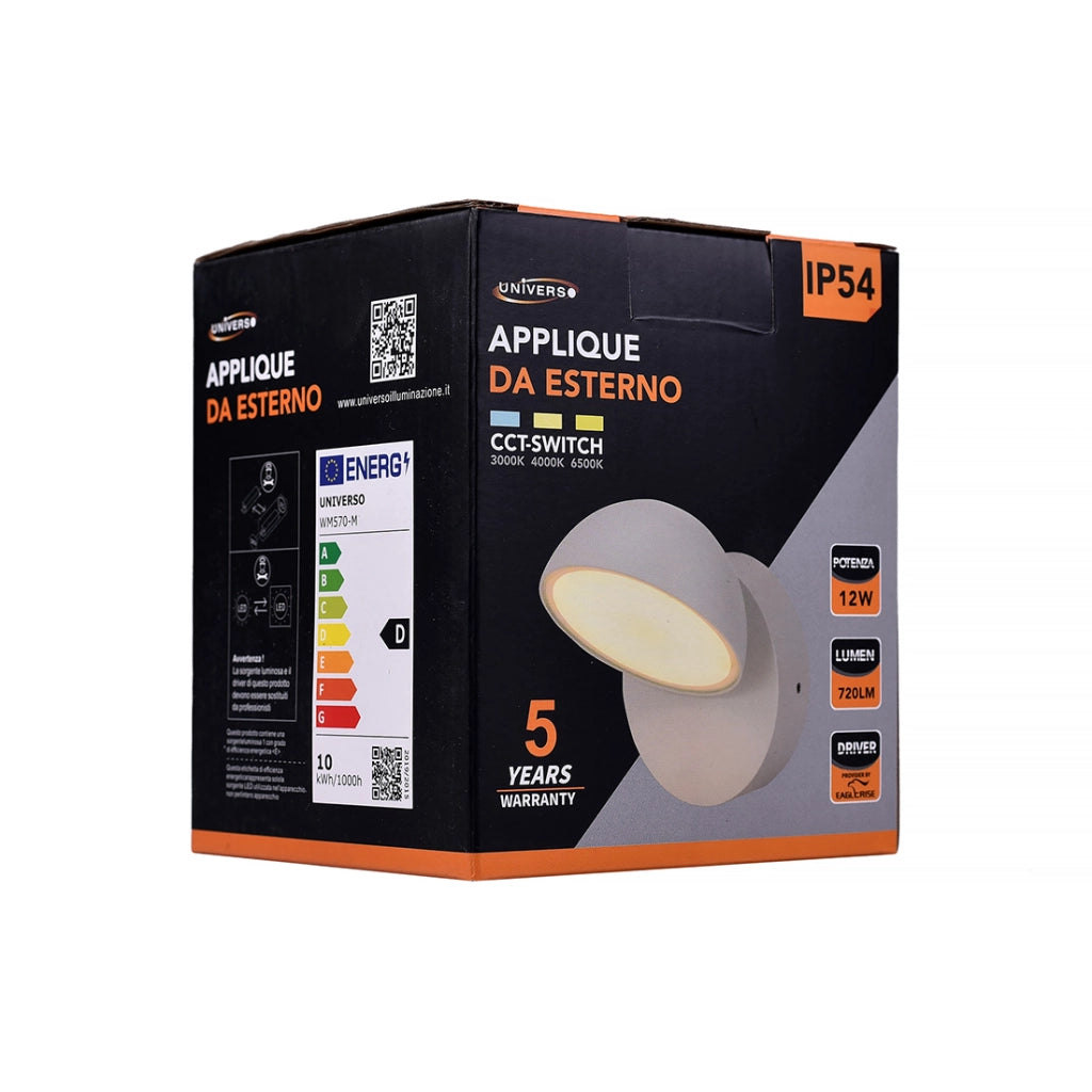 APPLIQUE LED DA ESTERNO 12W CON CCT SWITCH LAMPADA DA PARETE ORIENTABILE IP54 - 3 TEMPERATURE DI COLORE DESIGN MODERNO IN ALLUMINIO BIANCO