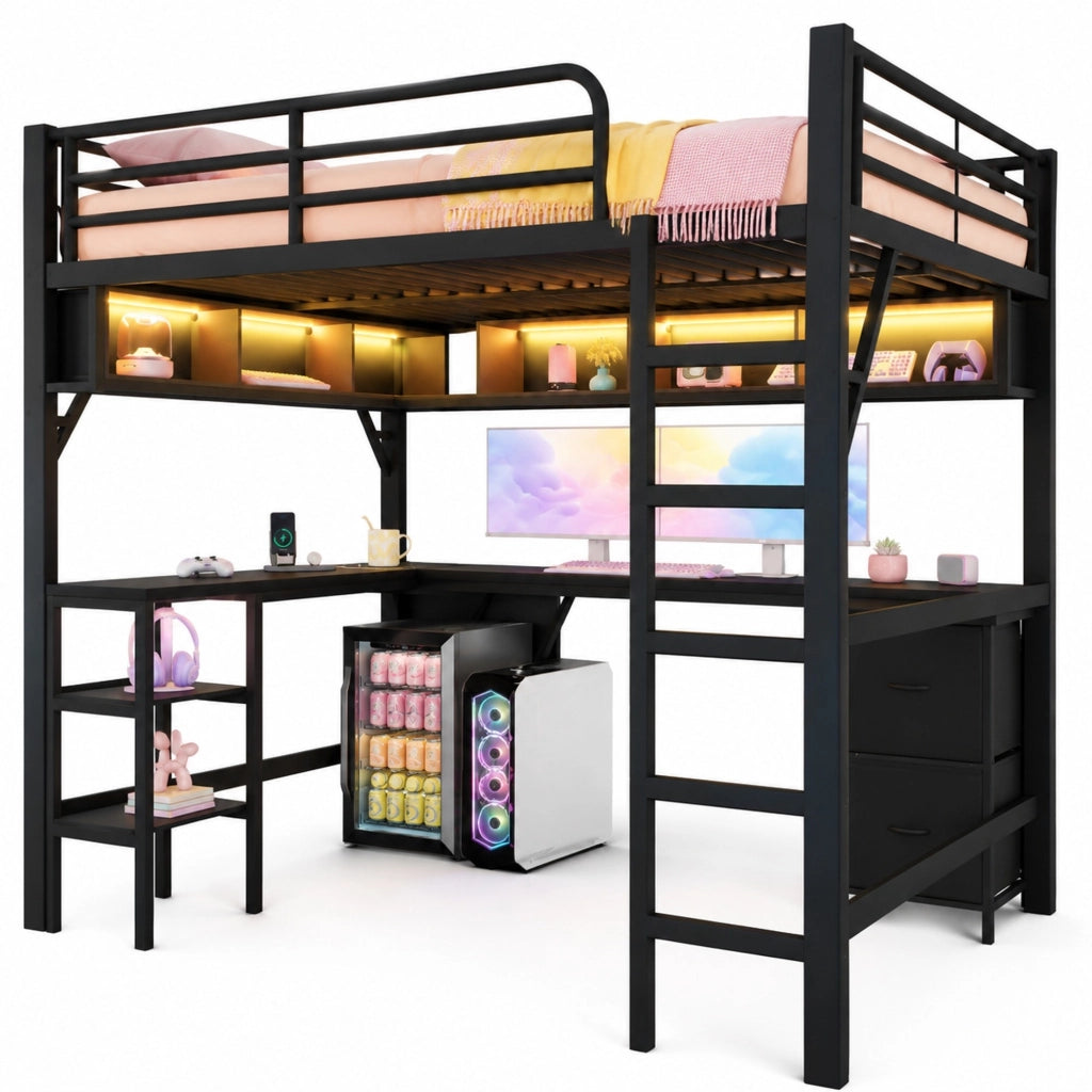 Letto a soppalco 140x200 cm con scrivania, LED e USB, nero