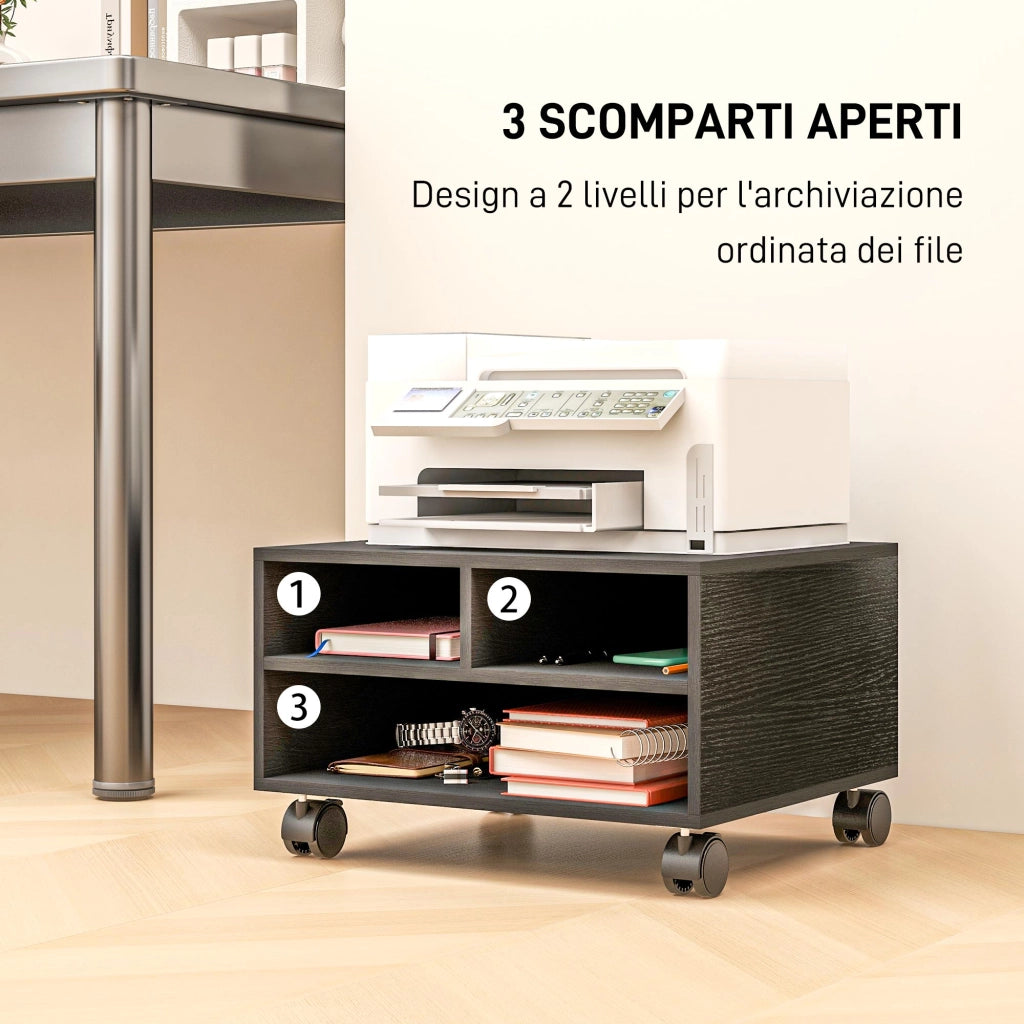 Mobile Porta Stampante a 2 Ripiani in Legno con Ruote per Ufficio e Studio, 47x40x22.5cm, Nero