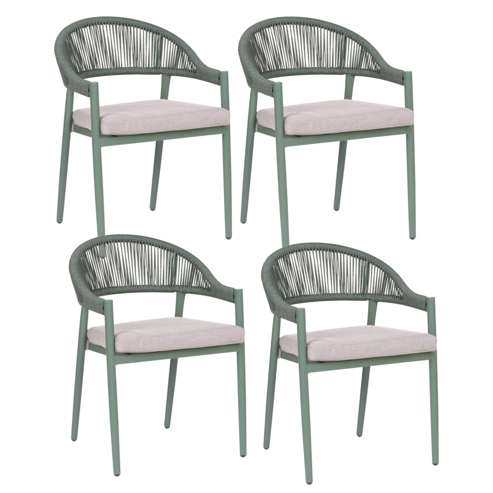 Set di 4 Sedie da Giardino in Alluminio Verde con Verniciatura a Polvere e Cuscini Tortora per Esterni