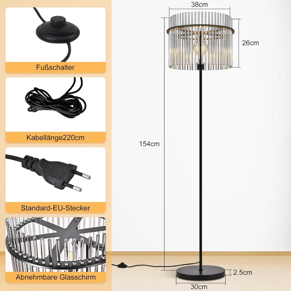 ZMH Lampada da terra vetro nero E27 154cm interruttore pedale moderno per camera letto cameretta ufficio