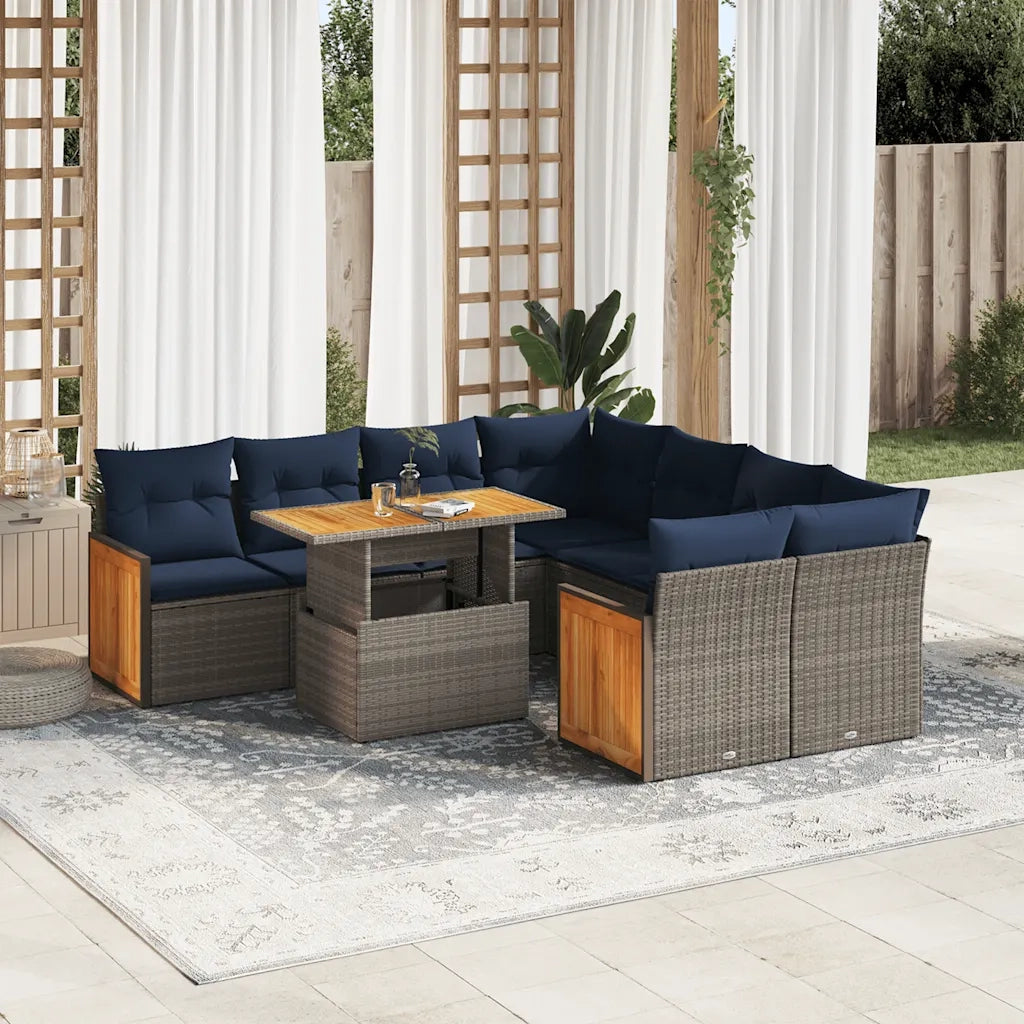 Set Divano da Giardino 9pz con Cuscini Grigio Polyrattan Acacia 3327694