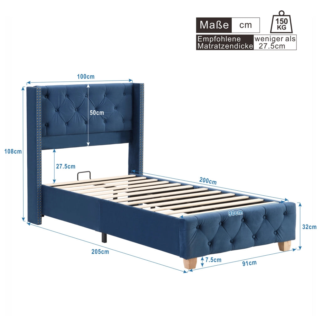 Letto imbottito 90x200 cm con testiera e rete; bottoni e borchie; velluto blu (Senza materasso)